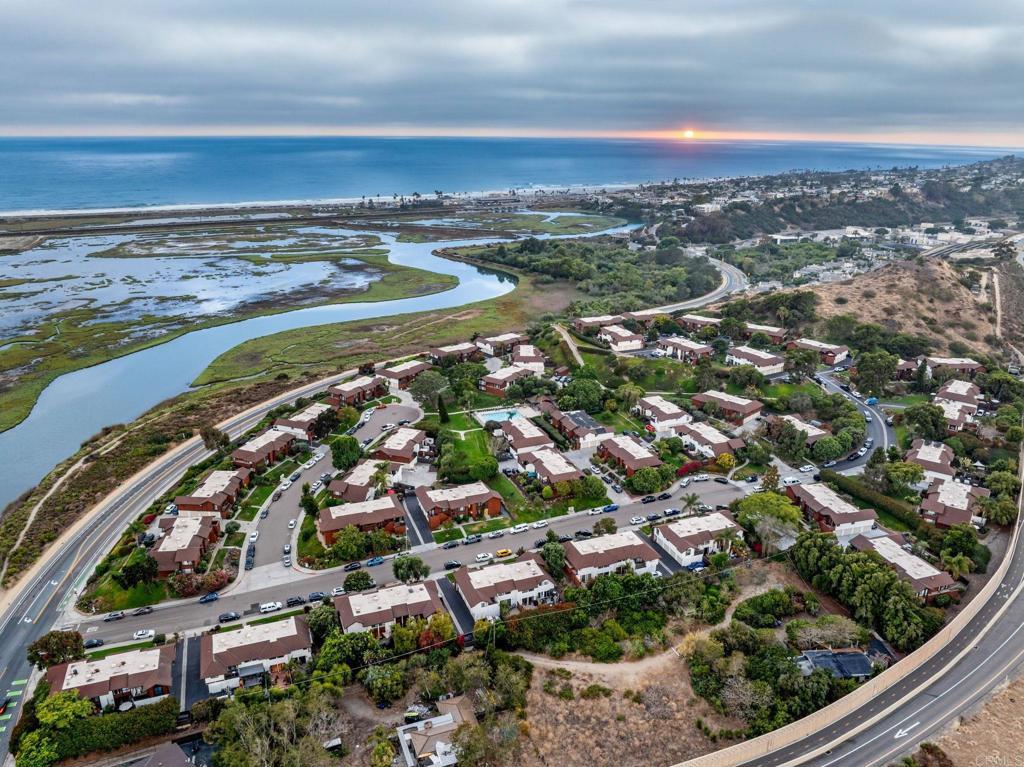 Aerial sunset view of Cardiff Cove, San Elijo Lagoon, and the Pacific Ocean